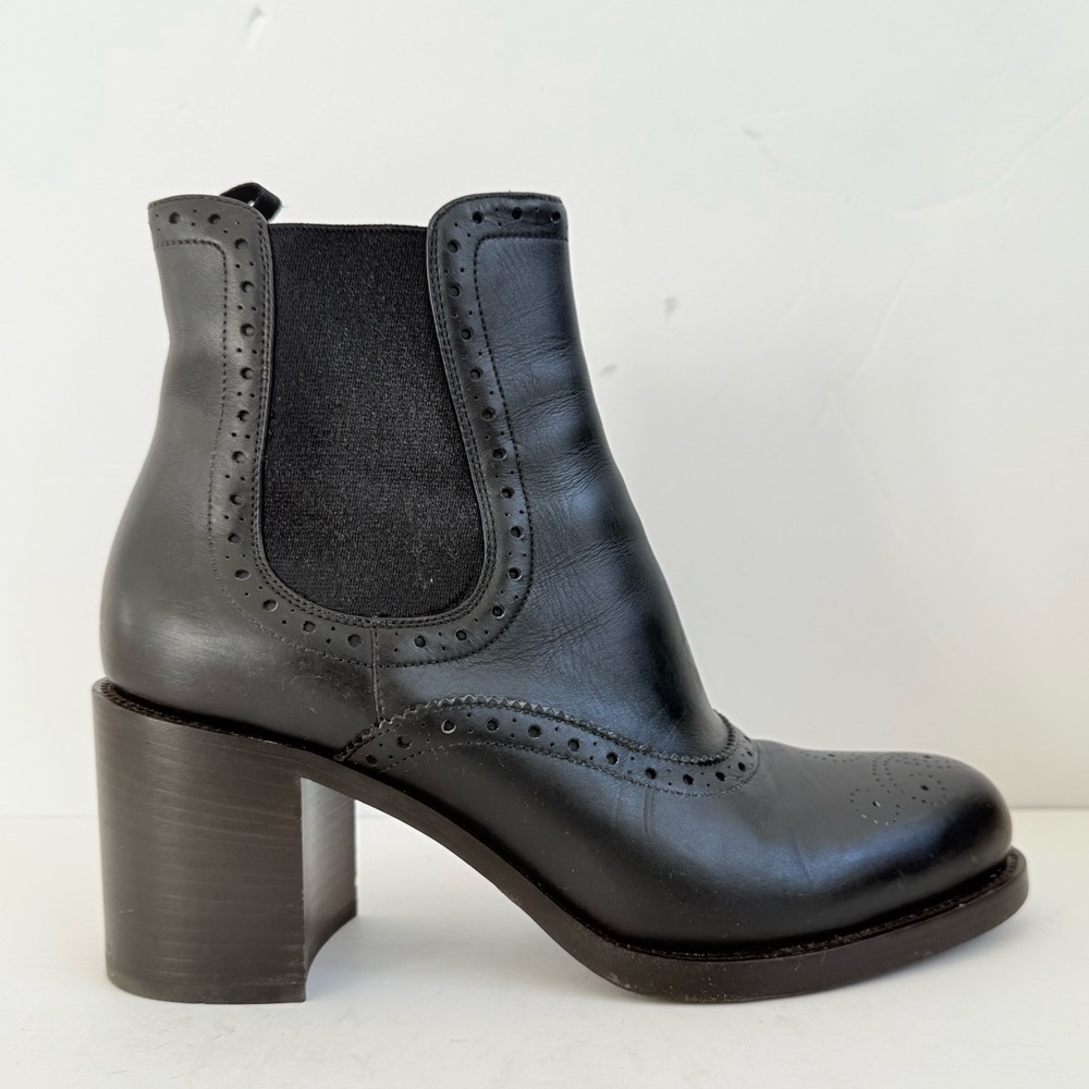 Prada Milano Black Leather Brogue Chelsea Ankle Boots Block Heels EU 39